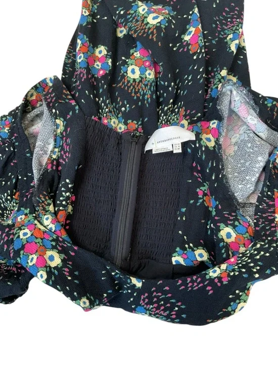Anthropologie Floral Dress Puff Sleeve Black Mini Fit Flare Size 8 - Picture 10 of 11